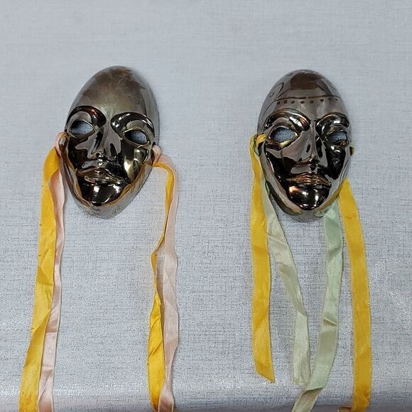 Vintage Solid Brass Set Of Theater Mask - Picture 1 of 8